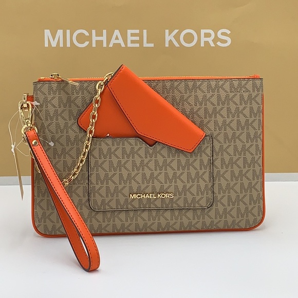 Michael Kors Jet Set LG 2 in 1 card case wristlet Wallet POPPY BROWN SIGNATURE - Picture 9 of 16